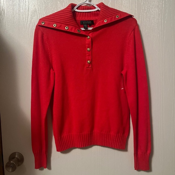 Lauren Ralph Lauren Orange Pullover Snap Button Collar Sweater Size - Picture 1 of 8